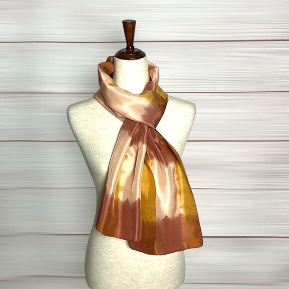 Eileen Fisher Silk Oblong Scarf Rust Peach Tie Dye Shibori Hand Rolled Japan - Picture 4 of 9